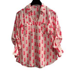 Express The Portofino Shirt Womens M White‎ Chiffon Neon Pink Pineapple Print
